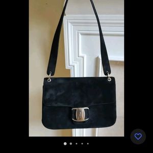 Vtg Farragamo Black Suede Bag Vara Logo